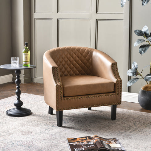 Louis Faux Leather Tufted Club Chair - Camel Accent Chair | Decorative Accent Chairs | Kinwell Furniture | Modern Club Chairs | Barrel Club Chair | Nailhead Trim Chair | Contemporary Faux Leather Chair | Elegant Camel Chair